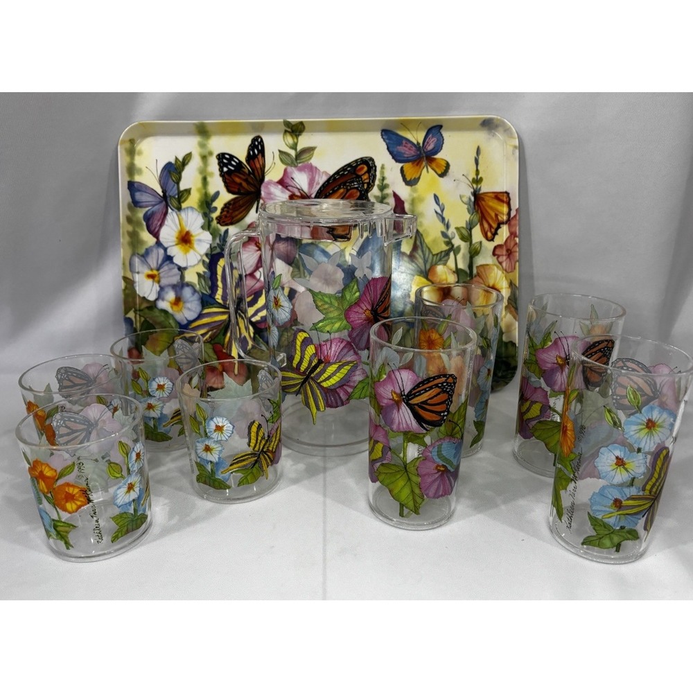 1998 KATHLEEN PARR MCKENNA SERVING TRAY, PITCHER, CUPS- FLOWERS BUTTERFLY
